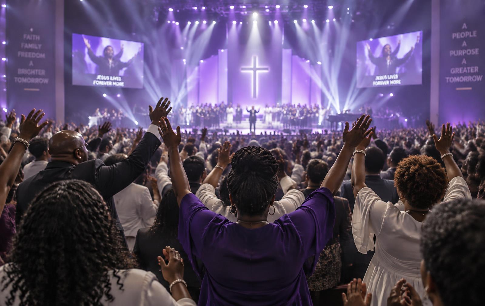 A congregation worshipping with hands raised under purple light